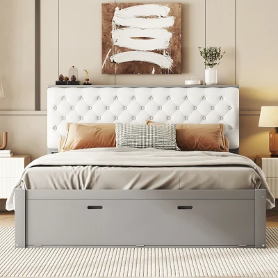 Wood Queen Size Platform Bed with Storage Headboard, Gray
