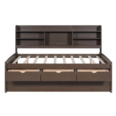 Classic Style Full Size Wooden Captain Bed with Built-in Bookshelves, Antique Gray