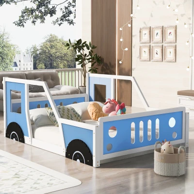 Full Size Classic Car-Shaped Platform Bed with Wheels, Blue