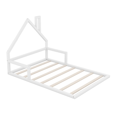 Full Size Wood Floor Bed with House-Shaped Headboard, White