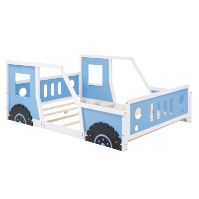 Full Size Classic Car-Shaped Platform Bed with Wheels, Blue