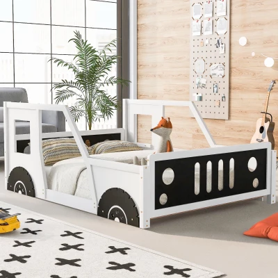 Full Size Classic Car-Shaped Platform Bed with Wheels, White