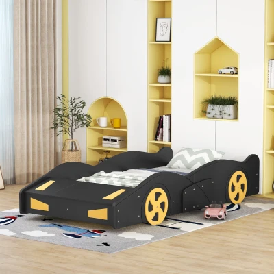 Twin Size Race Car-Shaped Platform Bed with Wheels and Storage, Black