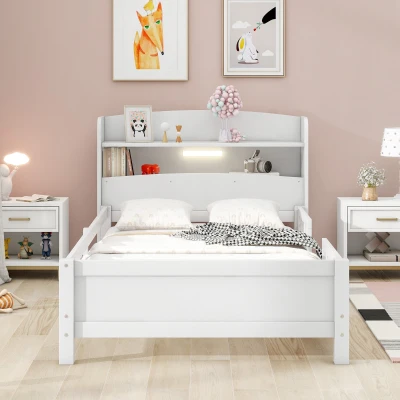 Wood Twin Size Platform Bed with Built-in LED Light, White