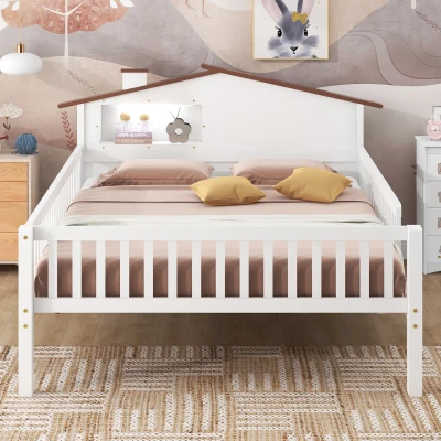 Full Size Wood Platform Bed with House-Shaped Headboard, White