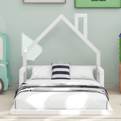 Twin Size Wood Floor Bed with House-Shaped Headboard, White