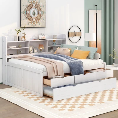 Classic Style Full Size Wooden Captain Bed with Built-in Bookshelves, White