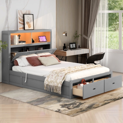 Wood Queen Size Hydraulic Platform Bed with Storage LED Headboard, Gray
