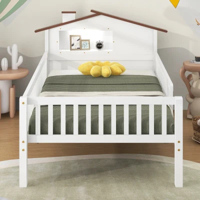 Twin Size Wood Platform Bed with House-Shaped Headboard, White