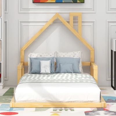 Twin Size Wood Floor Bed with House-Shaped Headboard, Natural