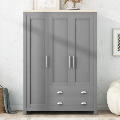 3 Door Storage Wardrobe with Cabinets, Gray