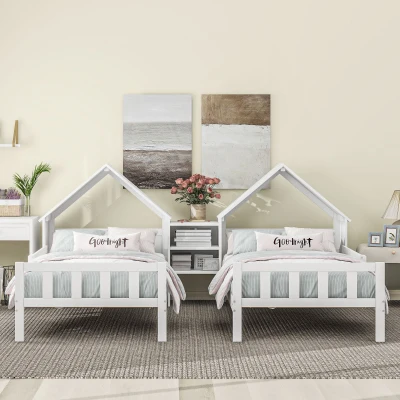 Double Twin Size Platform Bed with House-Shaped Headboard, White