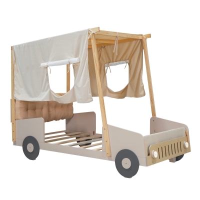 Wood Twin Size Car Bed with Pillow, Natural
