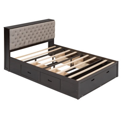 Wood Queen Size Platform Bed with Storage Headboard, Espresso