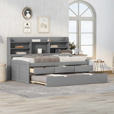 Classic Style Twin Size Wooden Captain Bed with Built-in Bookshelves, Grey