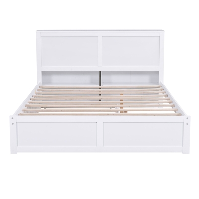 Queen Size Storage Platform Bed with Pull Out Shelves and Twin XL Trundle, White
