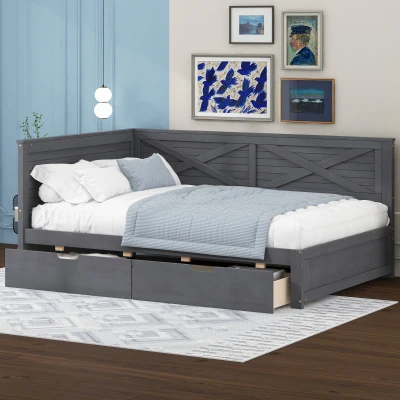 Twin Size Wood Daybed with 2 Drawers, Grey