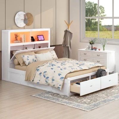 Wood Queen Size Hydraulic Platform Bed with Storage LED Headboard, White