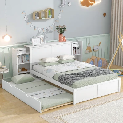 Full Size Storage Platform Bed with Pull Out Shelves, White