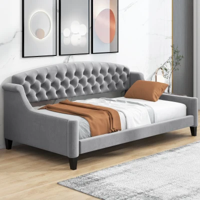 Modern Luxury Tufted Button Twin Size Upholstered Daybed Frame with Foam Padding, Gray