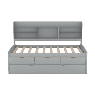 Classic Style Twin Size Wooden Captain Bed with Built-in Bookshelves, Grey