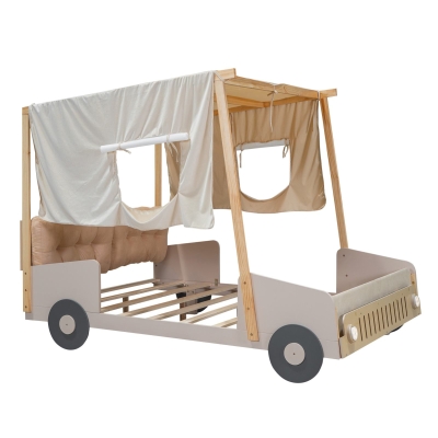 Wood Full Size Car Bed with Pillow, Natural