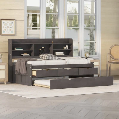 Classic Style Twin Size Wooden Captain Bed with Built-in Bookshelves, Antique Gray