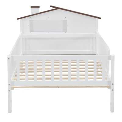 Twin Size Wood Platform Bed with House-Shaped Headboard, White