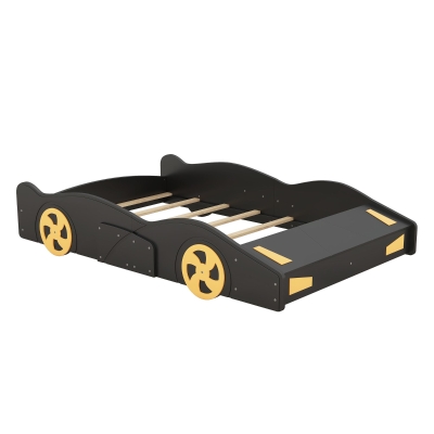 Full Size Race Car-Shaped Platform Bed with Wheels and Storage, Black