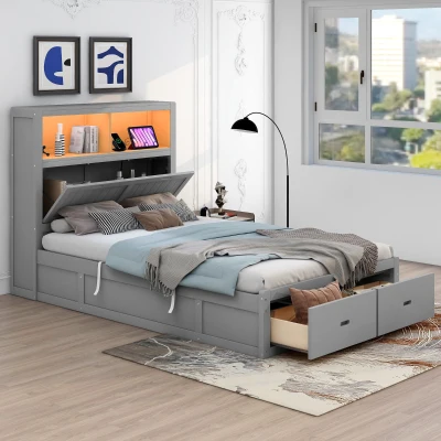 Wood Full Size Hydraulic Platform Bed with Storage LED Headboard, Gray