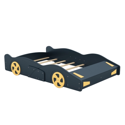 Full Size Race Car-Shaped Platform Bed with Wheels and Storage, Dark Blue