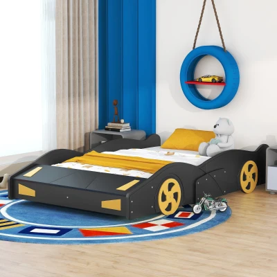 Full Size Race Car-Shaped Platform Bed with Wheels and Storage, Black
