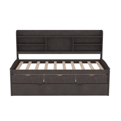 Classic Style Twin Size Wooden Captain Bed with Built-in Bookshelves, Antique Gray
