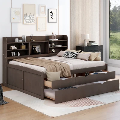 Classic Style Full Size Wooden Captain Bed with Built-in Bookshelves, Antique Gray