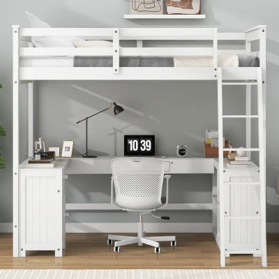 Full Size Loft Bed with U-shaped Desk, White