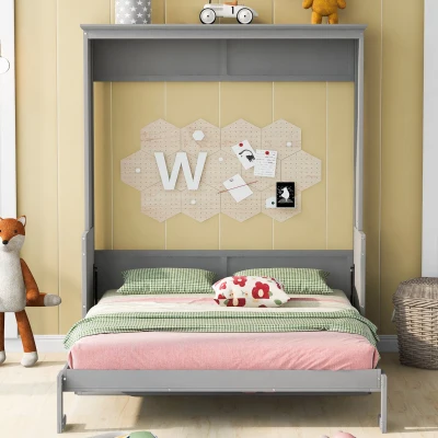Space-Saving Design Queen Size Murphy Bed with Shelf, Gray