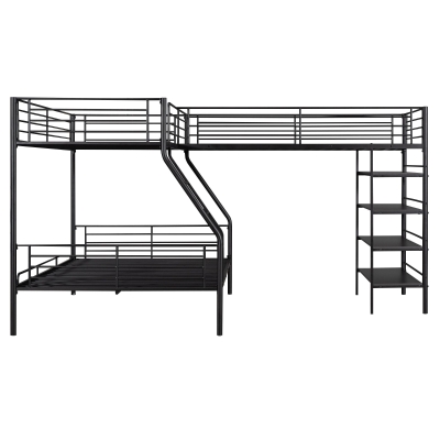 L-Shaped Twin over Full Bunk Bed and Twin Loft Bed with Built-in Shelves, Black