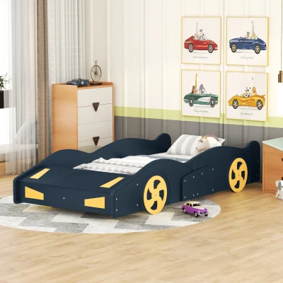 Twin Size Race Car-Shaped Platform Bed with Wheels and Storage, Dark Blue
