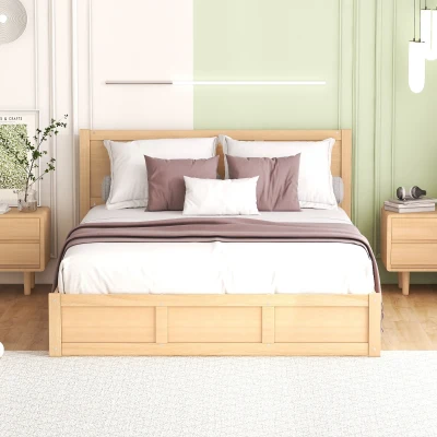 Queen Size Wood Platform Bed with Underneath Storage, Natural