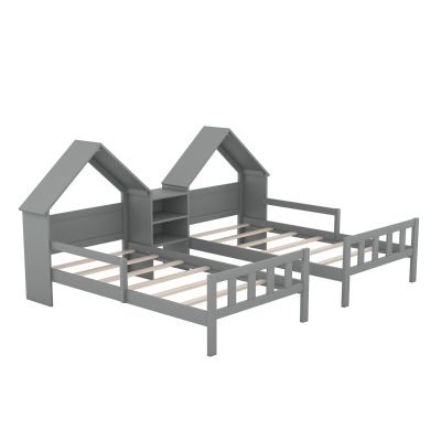 Double Twin Size Platform Bed with House-Shaped Headboard, Grey