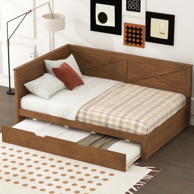 Twin Size Wood Daybed with Trundle, Brown