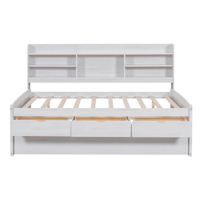 Classic Style Full Size Wooden Captain Bed with Built-in Bookshelves, White