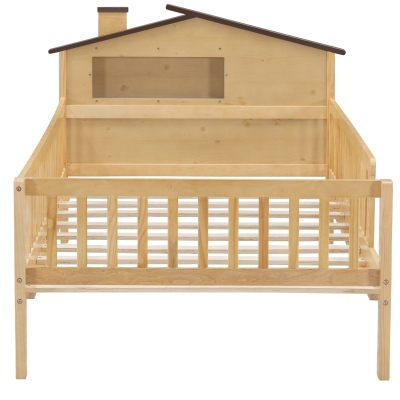 Twin Size Wood Platform Bed with House-Shaped Headboard, Natural