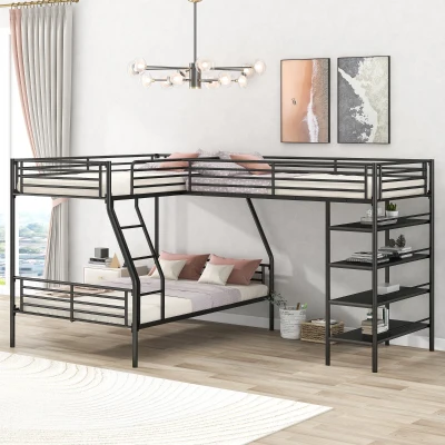 L-Shaped Twin over Full Bunk Bed and Twin Loft Bed with Built-in Shelves, Black