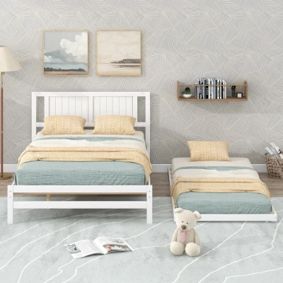 Full Size Platform Bed with Adjustable Trundle, White