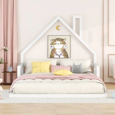 Full Size Wood Floor Bed with House-Shaped Headboard, White
