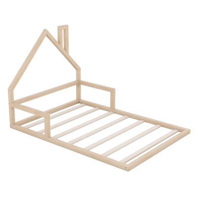 Full Size Wood Floor Bed with House-Shaped Headboard, Natural