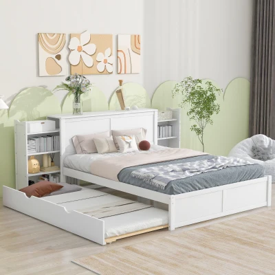 Queen Size Storage Platform Bed with Pull Out Shelves and Twin XL Trundle, White