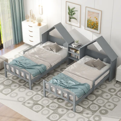 Double Twin Size Platform Bed with House-Shaped Headboard, Grey