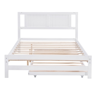 Full Size Platform Bed with Adjustable Trundle, White